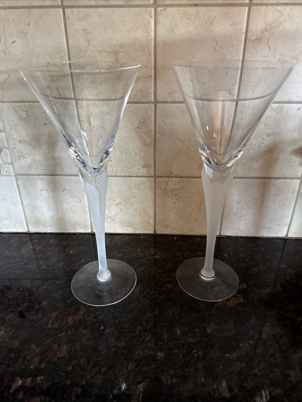Clear Glass Martini Coupes with Frosted Stems